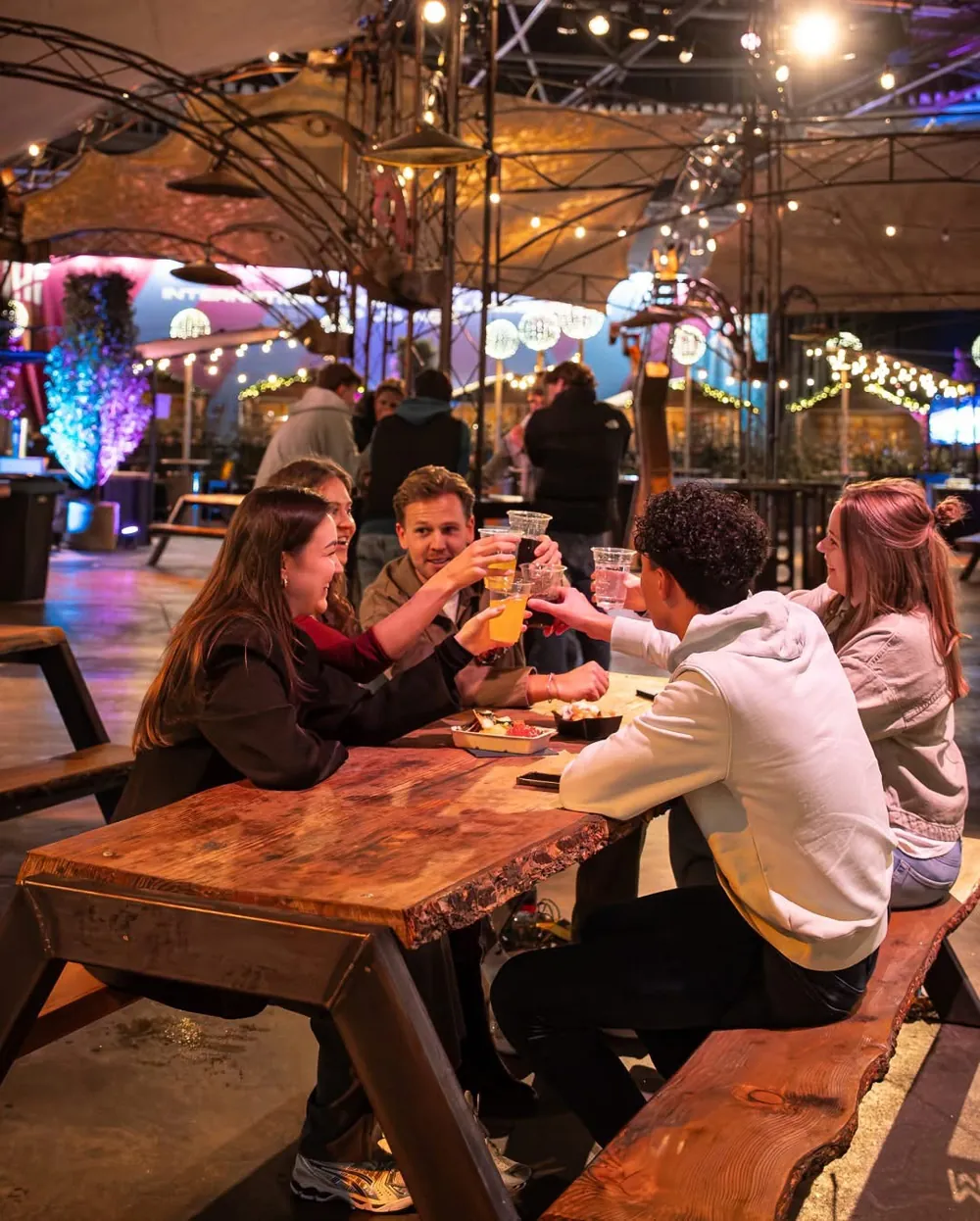 Vrienden proosten aan een houten tafel in Winter Village