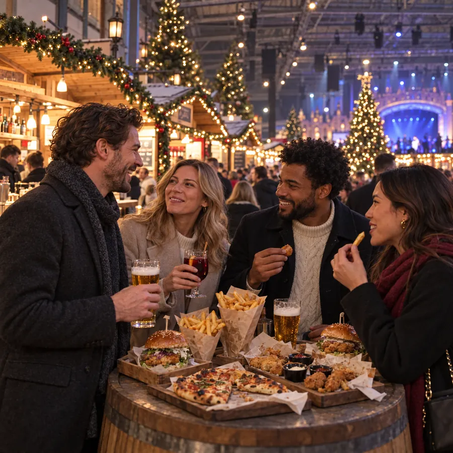 Vrienden delen lekker eten en drinken tussen de kerstlichtjes van Winter Village